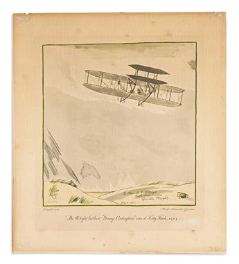 (AVIATION.) WRIGHT, ORVILLE; AND CHARLES A. LINDBERGH. Two reproductions of drawings by Frank Lemon, each Signed by one.